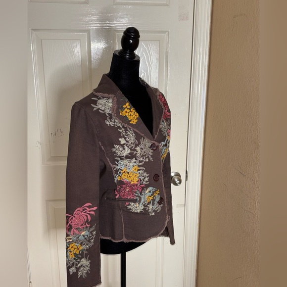 PAPARAZZI BIZ Floral Embroidered Brown Boho Button Lined Coat Jacket Size M - Picture 7 of 12